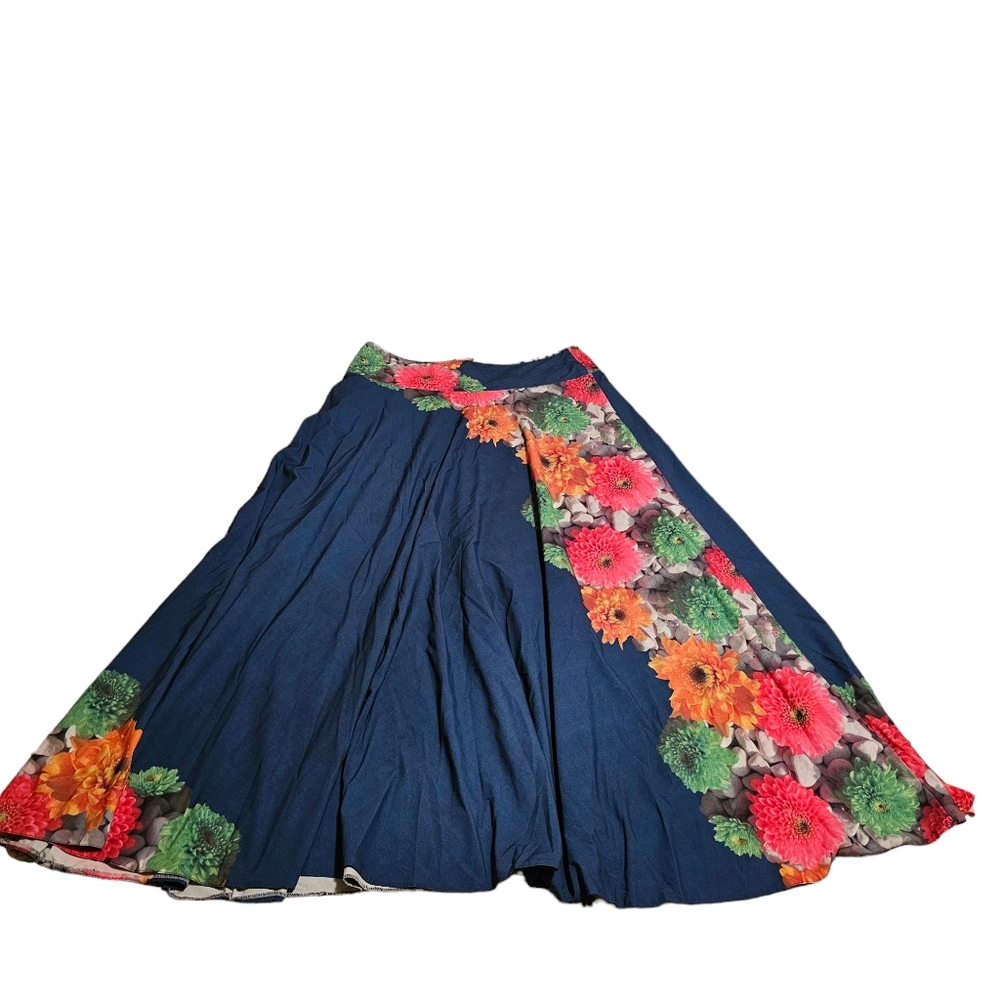 FEVROJ Flare Midi Skirt Floral Print Blue Flowy Tie Belt Women's  Large - Picture 9 of 16